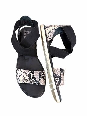 Sorel Ella Snake Print Sandals Black Strappy Comfort Coastal Boho Chic 6.5